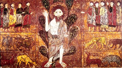 St. John the Baptist preaching in the desert and surrounded by wild animals, from the Altar Frontal of Gesera, 13th century by School of Aragon